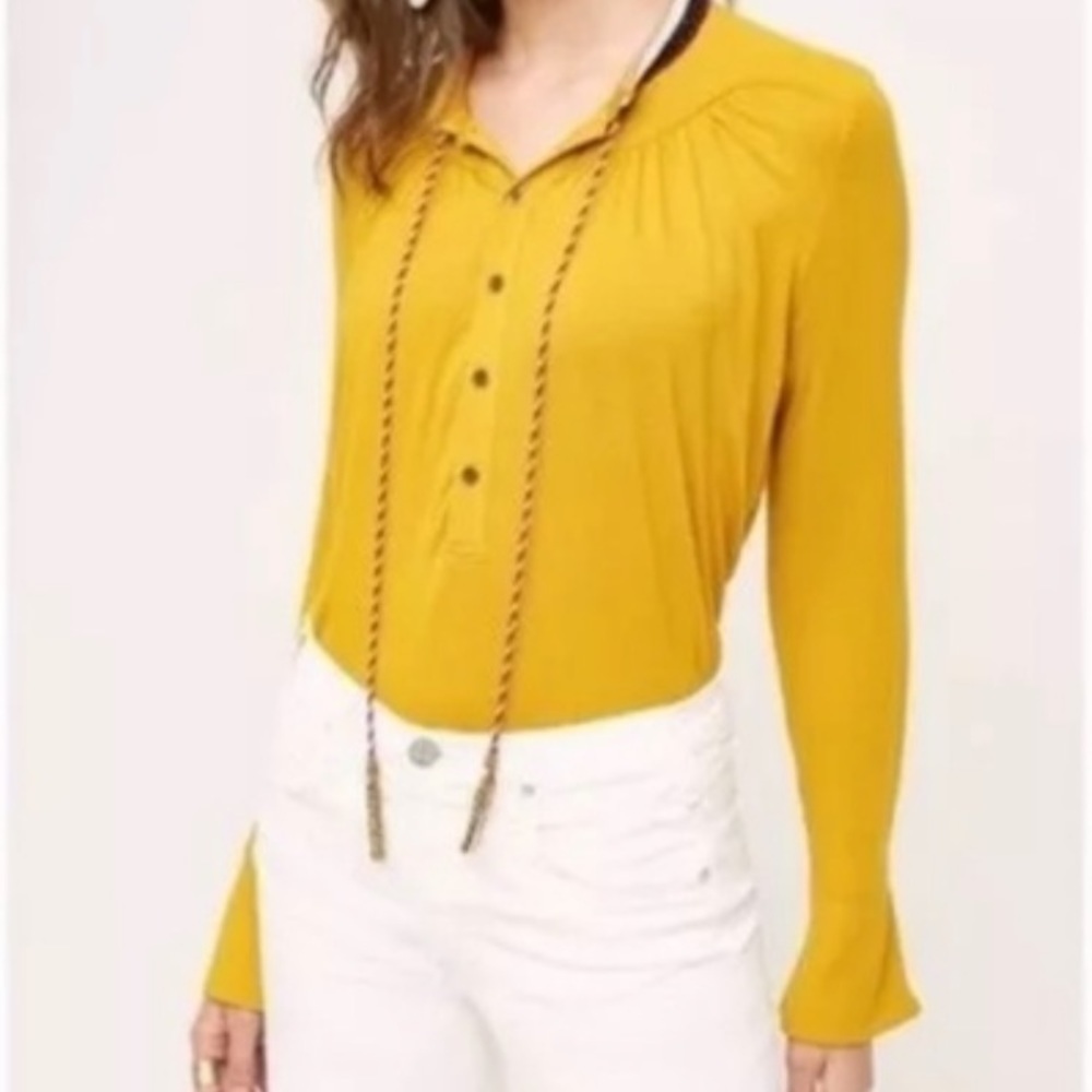 Anthropologie | Akemi + Kin Long Mustard Yellow Embroidered Tassel Top